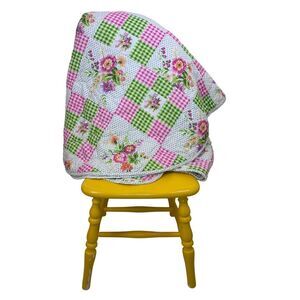 VTG 70s 80s Twin Quilted Bedspread Single Bright Pink Green Gingham Floral -READ